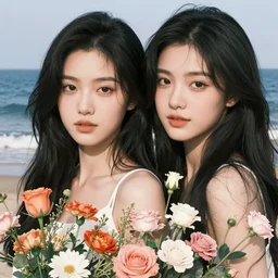 a highly detailed portrait of sisters with black very very long hair, sea on background , artstation, highly detailed, portrait, many flowers by krenz cushar