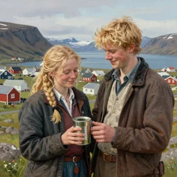 a highly detailed painting of a young couple holding a tin can, remote icelandic village, blonde hair, trending on artstation,