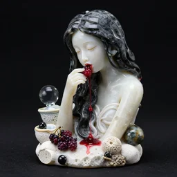 traditional sculpture of an emo girl eating berries, made from obsidian and and pumice and japanese glazed pottery and glass, sensual, berry juice dripping, black background, zen,