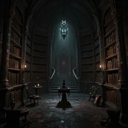 dark sinister vampire lair interior by Reylia Slaby, library, adventure game, inspired by Diablo concept art