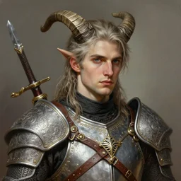 close up painting of a young man gipsy with horns in refined deciduous bard armour, bard character design from the the witcher 3 : wild hunt, decorated, intricate, elegant, highly detailed, digital painting, artstation, concept art, smooth, sharp focus, illustration, art by artgerm and greg rutkowski and alphonse mucha, 8 k