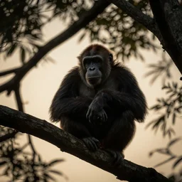 portrait photo, rim light around fur of an ape on a tree, silhoutte, dim light, golden hour, tree top, dslr award winning photo, nikon