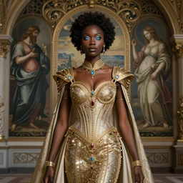 beautiful young cyborg queen, african, beautiful dark skin, piercing glowing eyes, elegant, striking composition, ornate royal gown, highly detailed ornate sci fi background, mural in the style of sandro botticelli, caravaggio, albrecth durer, 8k