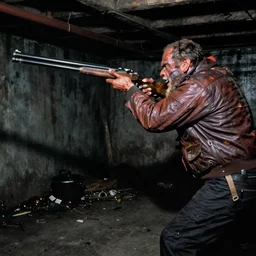 color video footage of the monster hunting in dark basement, shotgun, midnight, 2 0 0 0's