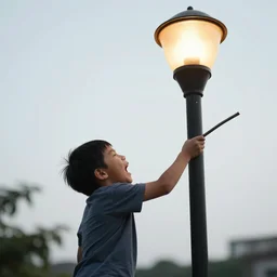 a kid completely and unrhythmically twatting a lamp post with a stick