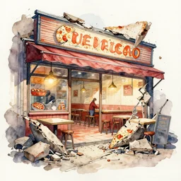 watercolour drawing of pizza restaurant crumbling to the ground, beautiful award winning artistic talent, trending on artstation
