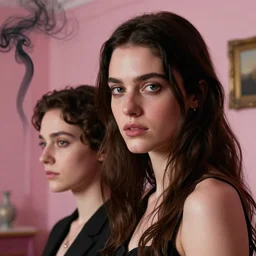 portrait of a woman with a woman, in a pink room, with black smoke clemente, francesco may wilson, edward hopper filonov, beautiful face, octane rendering