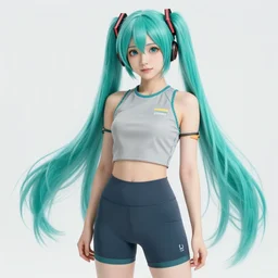 hatsune miku wearing crop gym top with white lettering, crop yoga short, Advertising photography by Stanley Artgerm Lau, WLOP, Rossdraws, James Jean, Andrei Riabovitchev, Marc Simonetti, Yoshitaka Amano, digital art, masterwork, cgstudio