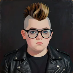 a representative chubby young goth boy n asymmetrical ombre mohawk wearing oversized euro glasses and a leather jacket. anaglyph lighting, detailed character design, melancholic flat vector geometric minimalism by oskar schlemmer, moebius, nagel, john berkey, oil on canvas, portrait facial head, featured on artstation, hd wallpaper, anime art nouveau