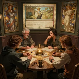 gatsby movie still - 4 ppl play call of ctulhu rpg game in basemenet, game master paper screen, in the style of magic the gathering, intricate, elegant, highly detailed, digital painting, artstation, concept art, matte, sharp focus, illustration, art by artgerm and greg rutkowski and alphonse mucha