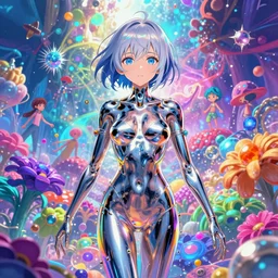 ultra detailed illustration of a anime girl covered in liquid chrome, lost in a dreamy fairy multiverse by ross tran, Andrew Thomas Huang, Ohrai Noriyoshi,, colorful, front view, vivid colors, 8k, coherent, artgerm, anime vibes, octane render, uplifting, magical composition, artstation