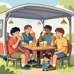 a group of very larg humans and very small humans, drinking beers in the covered dining area of a food card pod. drawn in the style of a colorful ya indie comic