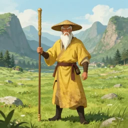 a chinese battle monk, wearing a faded yellow toga, a straw hat, holding a wooden long staff that is perpendicular to the floor, long white beard, beautiful valley with a meadow and dozens of mountains, full body shot, drawn in the style of dungeons and dragons