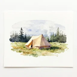 small centered on white watercolor paper, paint brush strokes, abstract watercolor painting of hunter tent camp, scandinavia, smoke, midday sharp light, cinematic light, american romanticism by hans dahl, by jesper ejsing, by anders zorn, by greg rutkowski, by greg manchess, by tyler edlin