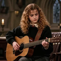 Hermione Granger/Emma Watson wearing a black sweater, playing a guitar, in the Gryffindor common room, gothic fantasy art, trending on ArtStation