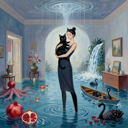 tall female catgirl artist holding a black cat in her flooded apartment, pomegranates, octopus, water gushing from ceiling, painting of flood waters inside an artist's apartment, a river flooding indoors, mushrooms, ikebana, zen, rapids, waterfall, black swans, canoe, berries, acrylic on canvas, surrealist, by magritte and monet