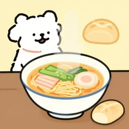 illustration of dog soup, ramen and bread
