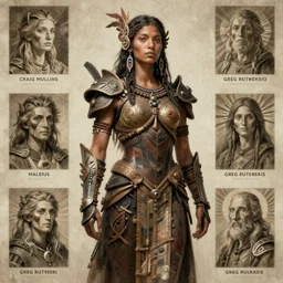 detailed ultrarealistic photography of charactersheet organic armor rustic robust tribal girl craig mullins, vallejo, moebius, greg rutkowski, mucha cinematic, full shot,