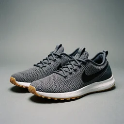 a studio photoshoot of Nike sneakers designed by Tom Sachs, knitted material, gum rubber outsole, realistic, color film photography by Tlyer Mitchell, 35 mm, graflex