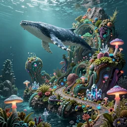 intricate alien ecosystem on a rocky planet, an underwater made out of little vegetation and crystals, a lot of neon mushrooms all around the place. a whale is flying in the ocean. concept art, intricate details, highly detailed, photorealistic, octane render