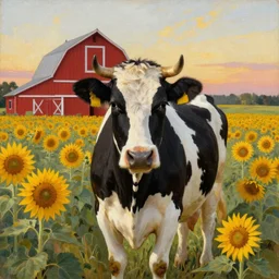 portrait of a black and white cow in a beautiful field of sunflowers with a red barn behind it, by Michael Sowa, golden hour, extremely detailed masterpiece, oil on canvas, by J. C. Leyendecker and Peter Paul Rubens and Edward Hopper and Michael Sowa,