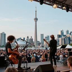 “phish playing at the molson amphitheatre, playing giant tweezers instead of instruments, toronto skyline,8k”