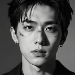 hyper realistic k - pop idol black and white portrait with facial scars