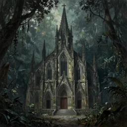 oil painting of cathedral in jungle, dark fantasy, dark atmosphere, in the style of frank frazzeta