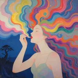 a colorful vibrant meglaphobia giant beautiful woman god blowing colorful clouds aesthetic dreamy vibes and dreaming psychedelic hair, by kawase hasui, moebius, edward hopper and james gilleard, zdzislaw beksinski, steven outram colorful flat surreal design, hd, 8 k, artstation