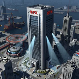 Concept Art Illustration of neo-Tokyo Bank Headquarters, in the Style of Akira, Syndicate Corporation, Anime, Dystopian, Highly Detailed, Helipad, Special Forces Security, Blockchain Vault, Searchlights, Shipping Docks, For Stealth fps bank robbery sim, Inspired by MGS2 + Ghost in the shell SAC + Cowboy Bebop :2 by Katsuhiro Otomo : 8