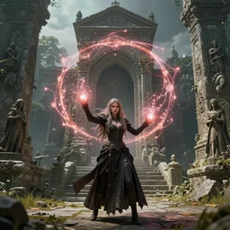 award winning, realistic detail zoomed out, epic girl mage casting enormous spell, gothic clothes, long hair, digital art, concept art, best of 2023 on artstation style, simulation, structure, fine, wide angle, natural light, volumetric, behind is a tomb of great ancestors