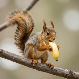 yellow squirrel on a tree branch eating!!!!! bananas!!!!! , dslr, 4k, telephoto, f1.8, shallow depth of field