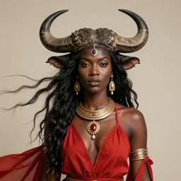 a realistic portrait of an african goddess warrior with buffalo horns who wears red, orisha oya, the goddess of the winds.