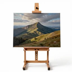 hand-painted easel with canvas, photorealistic, isolated on a pure white background, centered, entire object in frame, sharp focus, soft studio lighting