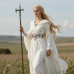 A fair young woman, tall and slender, showing grace and pride. She has long golden hair, and is wearing a white robe girt with silver, holding a 🗡️, standing in the plains of Rohan, digital art, trending on Artstation