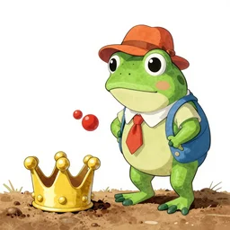 frog boy farmer finds the clown crown in the dirt, clown crown, moment of destiny, artwork by Kentaro Miura