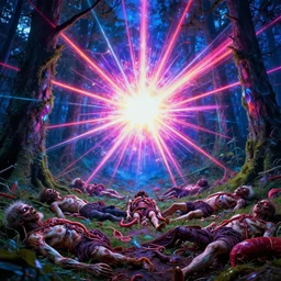 forest of human bodies and viscera by godmachine keith thompson horror art psychedelic trippy iridescent neon visionary art vibrant psychedelic energy gamma ray burst