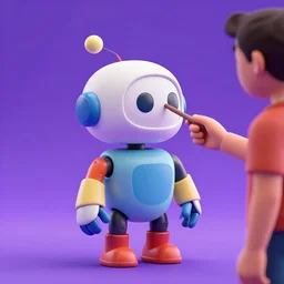 a photorealistic 3 d render made in blender of a colourful friendly robot being poked in the eye by a man with a stick. background is a purple gradient