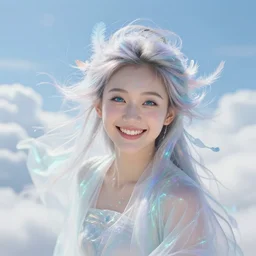 A realistic centered portrait of a happy smiling ethereal asian sylph with a wide smile, ethereal vaporous tan skin, azure eyes and eyelashes, ethereal iridescent locks of hairs flying in the breeze and adorned with rainbow feathers, iridescent ethereal veils, flying high in the clouds::sunny weather, sss, translucency, light blue freckles and blemishes, long exposure, hologram, trending on artstation, soft natural lighting and shadows, VFX, CG
