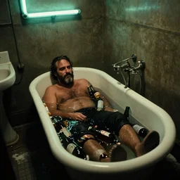 the upper wide shot of the old dirty bathroom, drunk bearded joaquin phoenix lying in cast iron bath, bath filled with empty beer bottles, still shot from the movie of stanley kubrick with cinematography of christopher doyle, dark old room, anamorphic, kodak film, sharp focus, neon light, realistic, ultra wide 1 2 mm lens, 8 k