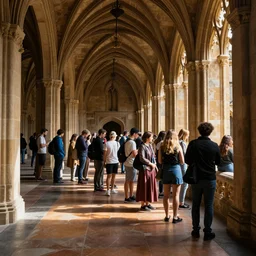 people lining up to enter a club in a cloister, very wide shot