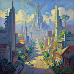 art nouveau, fauvism, pastel drawing, oil painting, cyberpunk, fantasy landscape. digital datascape village streets in the style of tron legacy