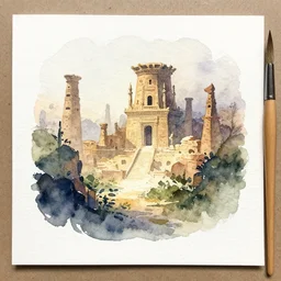 small centered on watercolor paper, paint brush strokes, abstract watercolor painting of ancient civilization, foreign nature, mythology, cinematic light, american romanticism by hans dahl, by jesper ejsing, by anders zorn, by greg rutkowski, by greg manchess, by tyler edlin