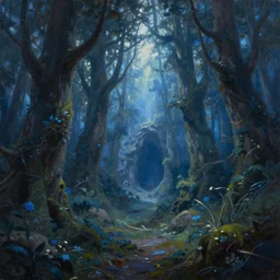 oil painting of fantasy magic forest, by greg rutkowski, cave in the distance, 4 k, high detail, blue