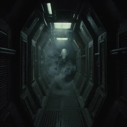 a tight shot of a dark Alien ship interior corridor by Ridley Scott with lots of steam, Aliens movie, grainy, moody, dark, bleak