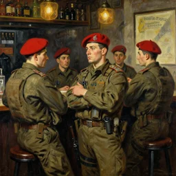 modern red berets soldiers inside of a pub, painting by toulouse - lautrec, soldiers wearing tactical clothing, cinematic, award winning
