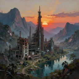 a beautiful very detailed painting of mountain city nature abandoned industrial architecture architecture building urbex unfinished building by toyo ito, crystal alien fisheye sunset futuristic retrowave evil otherworldly water reclaimed by nature magic realism fantasy azeroth bioshock, archdaily, wallpaper, highly detailed, trending on artstation.