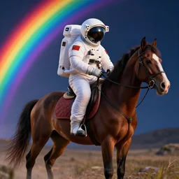cinematic lighting of a rendered image of an astronaut riding a horse by nick silva, trending on art station, rainbow