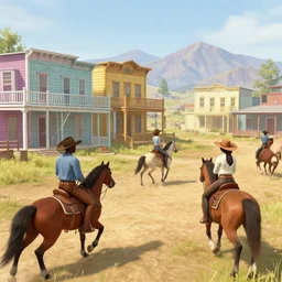 screenshot of gameplay game set in 1 8 4 0 old west showdown featuring african american and japanese cowboys and cowgirls in ghost town with buildings painted bright pastel colors, morning light with mountains in the background