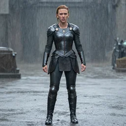 scarlett johansson with angry expression wearing wet armour in pouring rain. depth of field effect, full body pose, dramatic lighting, afro samurai anime style, pencil and ink manga drawing, in a post apocalyptic city street with explosions in the background